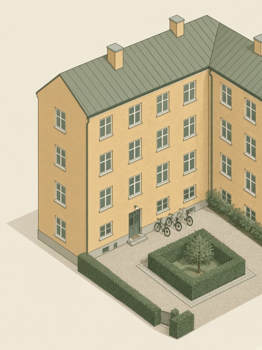 Gården i en boligforening med hæk, cykler og en grøn dør