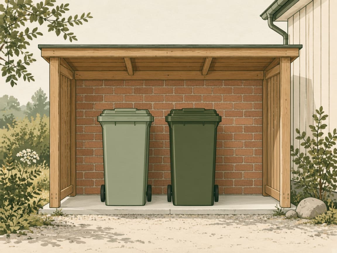 Affaldsbeholdere under et skur